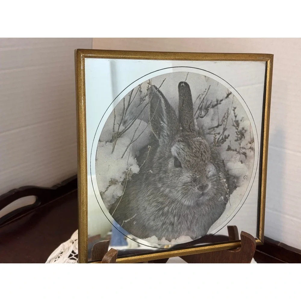 Vintage Etched Mirror Rabbit Art Gold Frame Bunny Snow Scene Nature Decor 8x8